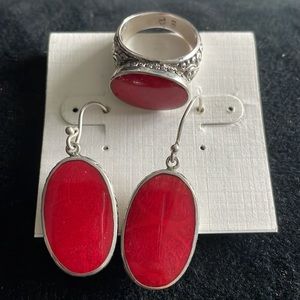 Sterling Silver red coral ring and earring set